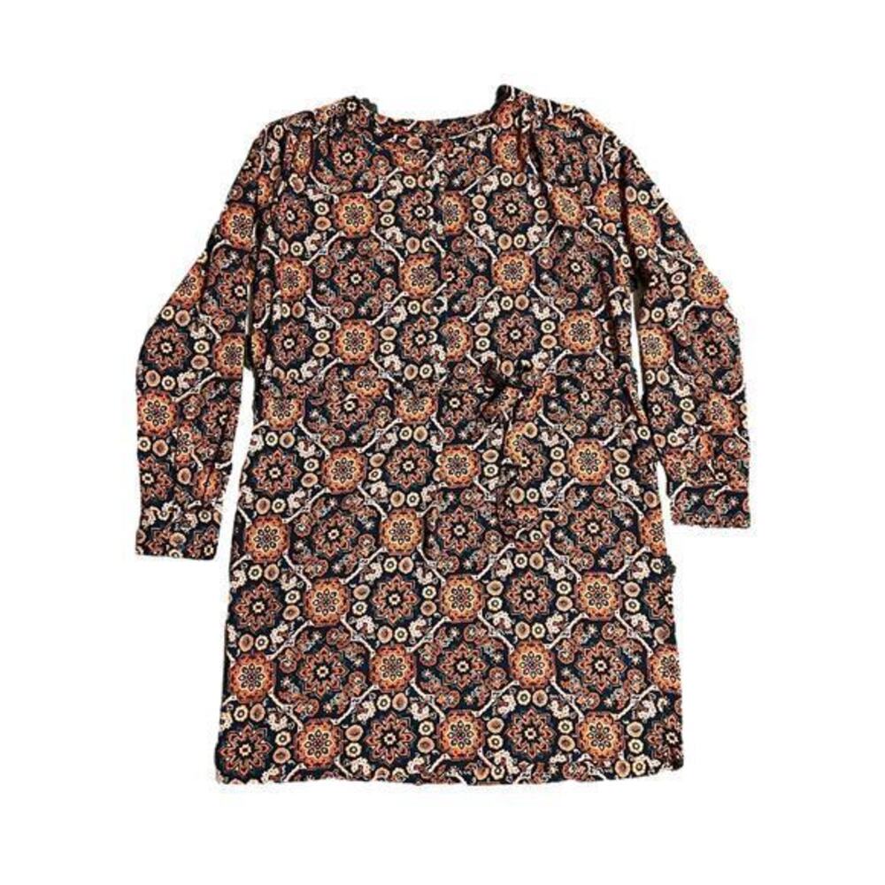 Loft Outlet Medallion Print Shift Dress Size Medium Tab Sleeves Tie Belt Navy